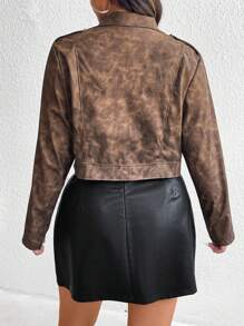 SHEIN Privé Plus Size Comfortable Casual Vintage Leaf Print Relaxed Fitted Cropped Zip Decorated Women's PU Jacket, For Winter