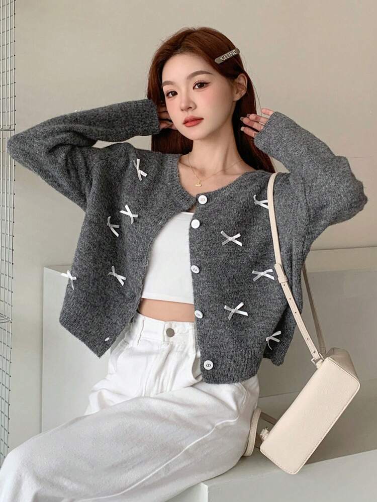 Women Spring And Autumn Casual Bow Decorated Cardigan