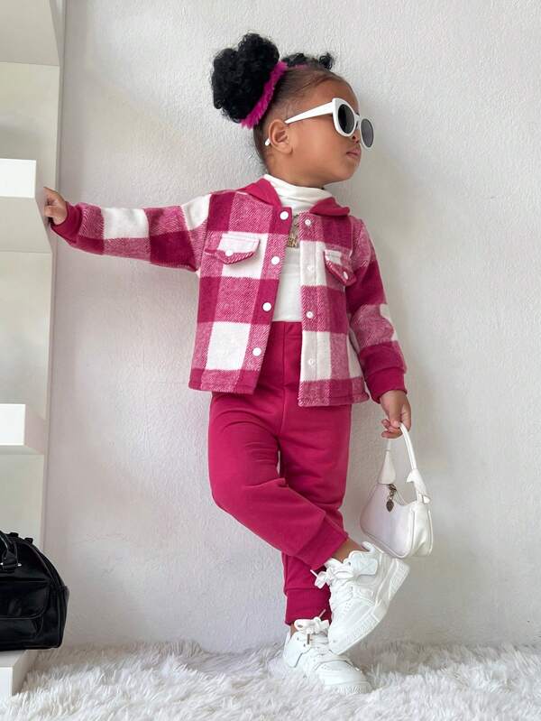 SHEIN 2pcs/Set Baby Girl Pink Plaid Stylish & Cute Sports Casual Outfit, Fall & Winter, For Christmas