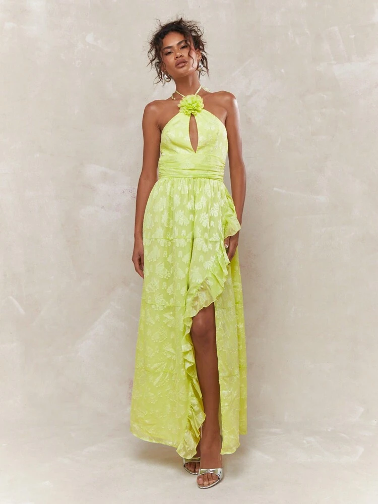 MISSGUIDED Boho Brocade Style Lace Halter Neck Asymmetric Ruffle Hem Maxi Dress With Flower Applique