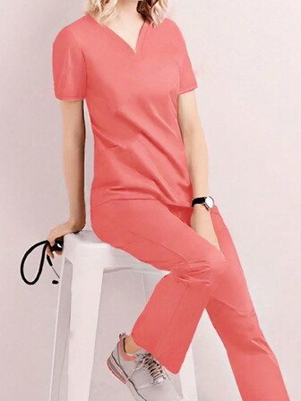 V-hals enfärgad enkel Casual kortärmad topp och byxor Scrub Uniform Set
