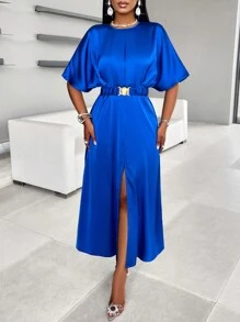 SHEIN Clasi Women Solid Color Simple Daily Satin Dress With Pleated Design