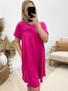 SHEIN SXY Vestido corto minimalista de cuello redondo y manga corta sólido para mujer, uso casual diario