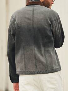 Manfinity Homme Retro American Casual Men's Light Grey Washed Denim Patchwork Collar Loose Jacket Varsity Coat - Light Grey - View 2