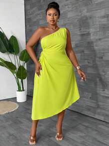 Maweii Plus Size Solid Color Asymmetric Neck Circular Decoration Sleeveless Dress
