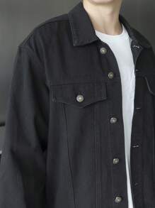 Manfinity LEGND 男士春秋休闲纯色牛仔夹克 - 黑色 - 查看 7