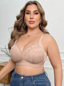 Plus Size Contrast Lace Non-Wired Bra, 1pc Lingerie - Apricot - View 3