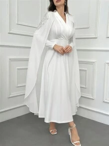 Modelyn 女士纯色简约日常亮片装饰斗篷袖阿拉伯朴素长袖连衣裙长款晚礼服 - 白色 - 查看 5