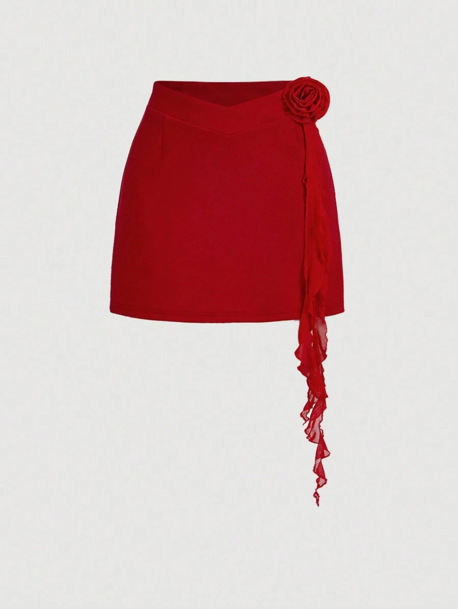 SHEIN MOD Falda corta roja pegada a las caderas con cintas con flores en tres dimensiones, ropa de otoño, falda roja, ropa para citas, ropa, ropa de carnaval - Rojo - Ver 1