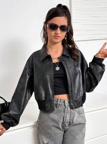 SHEIN Teenager Mädchen Jacke aus Kunstleder mit Hemdkragen, Langarm, Loose Fit und Crop Länge in Unifarbe