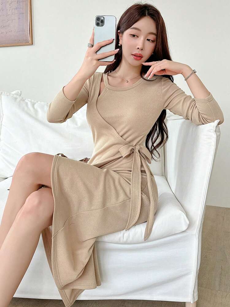 Women's Solid Color Wrap Around Waist Tie Long Sleeve Dress, Elegant Design For Spring And Fall