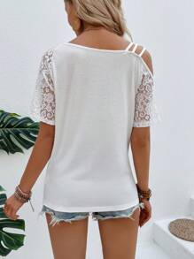 SHEIN LUNE Women's Summer Heart Leopard Print Contrast Lace Asymmetric Neck Short Sleeve Casual T-Shirt Graphic Cheetah Print Tees Women Tops - White - View 2