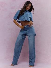 MISSGUIDED 水洗纽扣牛仔短款衬衫和直筒牛仔裤两件套 - 淺藍色 - 查看 1