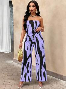 Zolique Graphic Print Backless Tube Top & Wide Leg Pants (Random Floral) - Purple - View 5