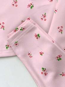 2pcs Snug Fit Young Girl Casual Pink Floral Printed Short Sleeve Crew Neck T-Shirt And Pants Homewear Set, Suitable For Spring And Summer