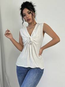 SHEIN Frenchy Blusa sin mangas de unicolor simple con cuello de volantes, corsé, ropa interior para mujer de otoño, blusa de lino, blusa para mujer de dinero antiguo