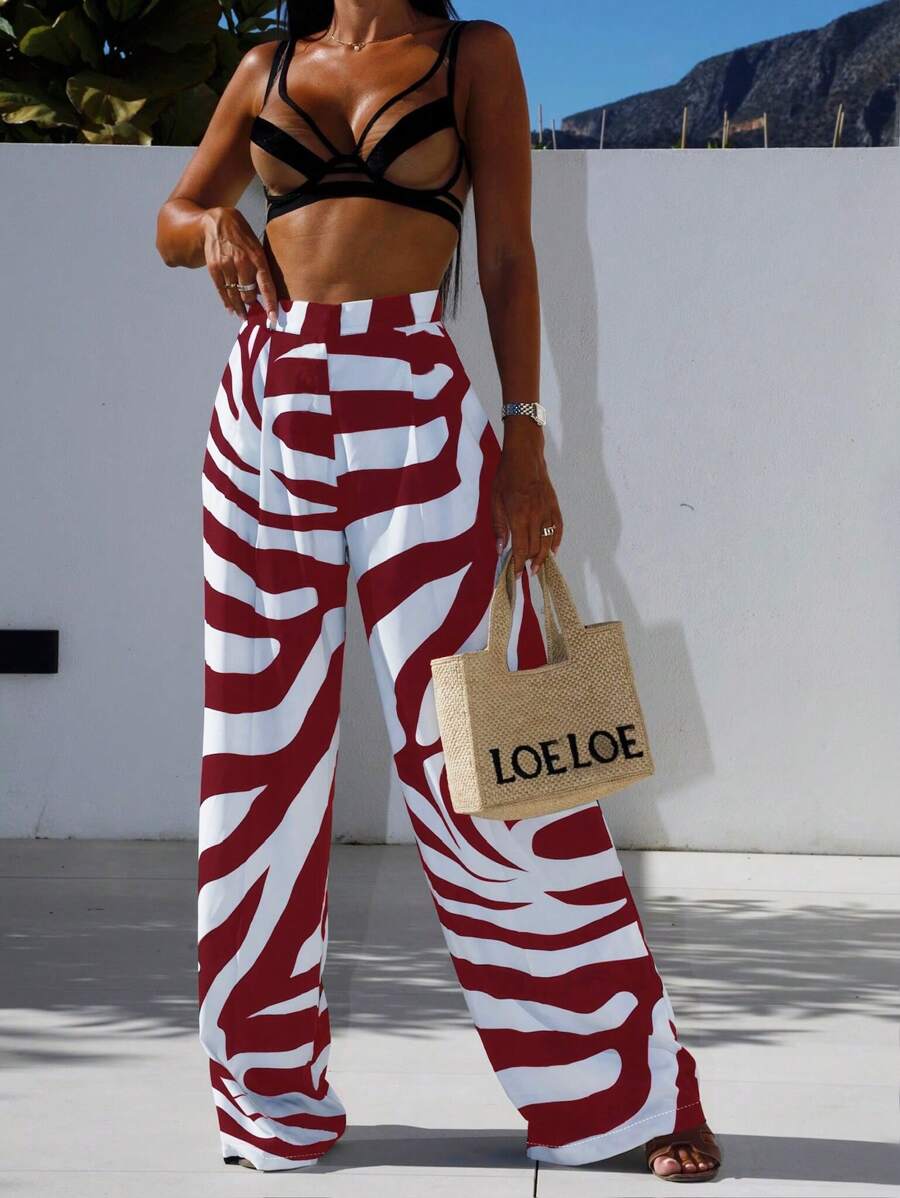 INAWLY 女士高腰几何印花阔腿宽松休闲裤 - 彩色 - 查看 1