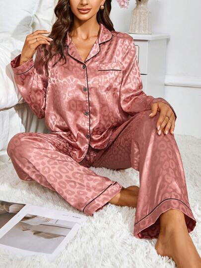 Ladies Kanten Up Top Pants Satijnen Leopard Pattern Pajama Set