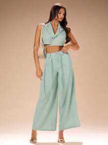 SHEIN BAE 浅绿色开心果套装背心 女士交叉露背细节无袖背心 - 綠色 - 查看 6