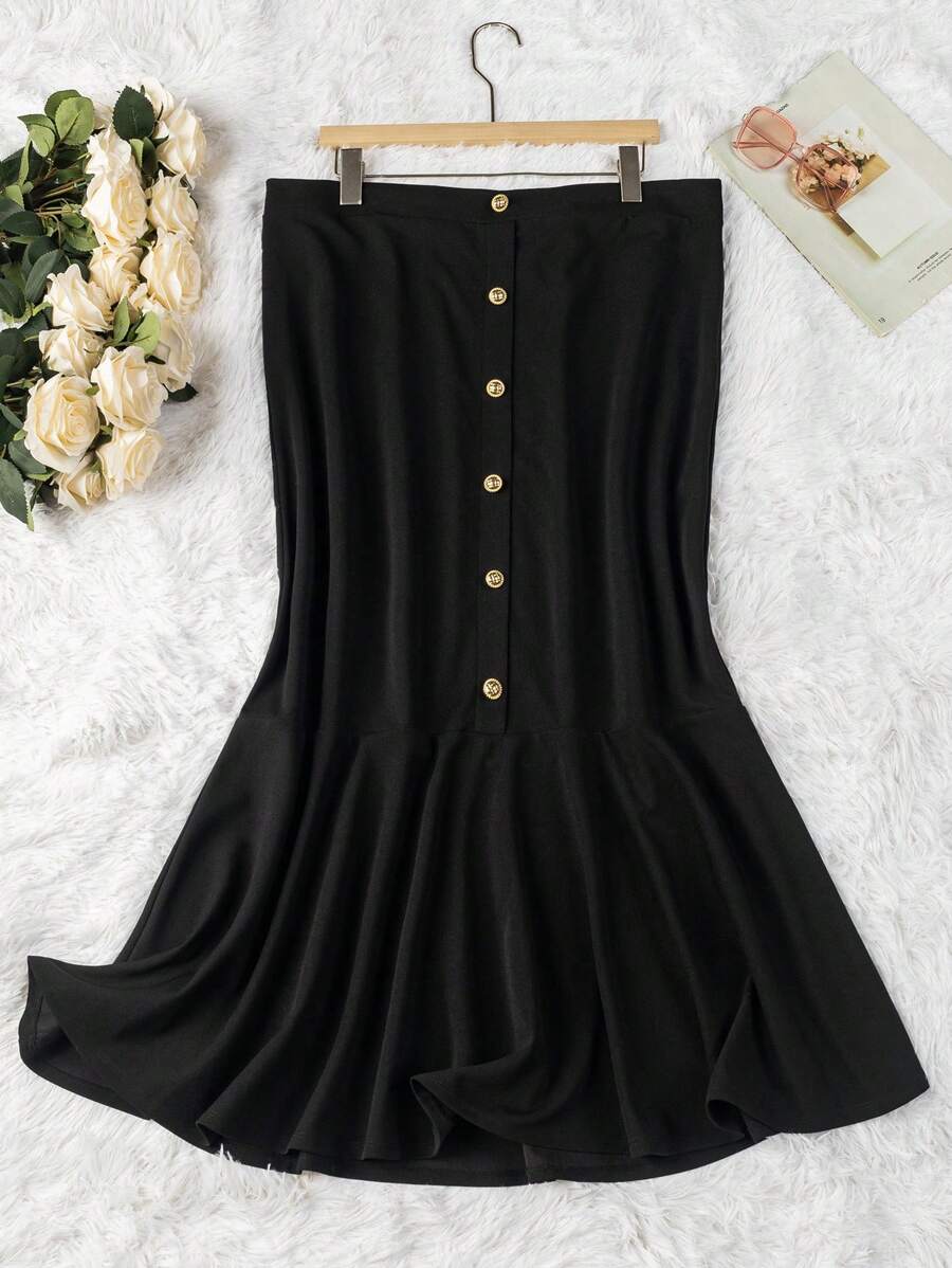 Mulvari Plus Size Summer Elegant Solid Color Front Button Mermaid Skirt - Black - View 1