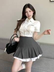 Dazy X KIMYOUJUNG Collection Women's Summer Fashion 2 In 1 Pleated Mini Skirt - Grey - View 8