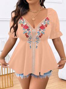 Breezaya Große Größen, Plissiertes Hemd mit herzförmigem Kragen, Puffärmeln, Blumenstickerei, lässig für jeden Tag