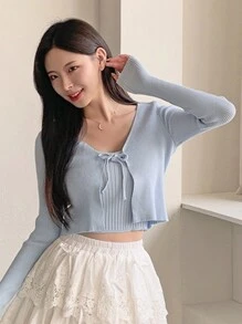 DAZY 2pcs Women Solid Color Spaghetti Strap Camisole And Front Tie Crop Top Set,Fall Clothes - Blue - View 7