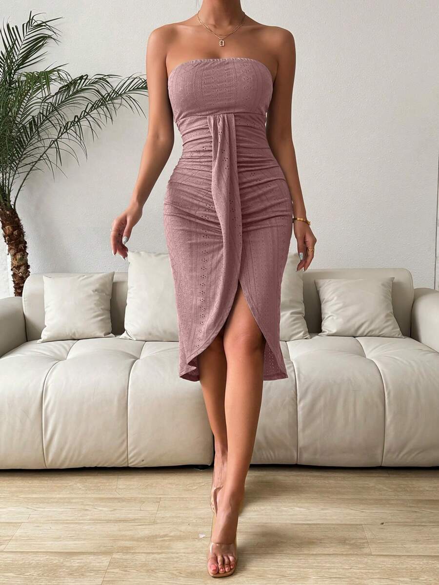 Chiquease Solid Color Bustier Pleated High Slit Casual Dress - Pink - View 1