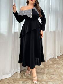 Modelyn Váy dài maxi dự tiệc sang trọng, họa tiết kẻ caro, cổ bất đối xứng, mùa xuân và mùa thu - màu đen - Xem 5