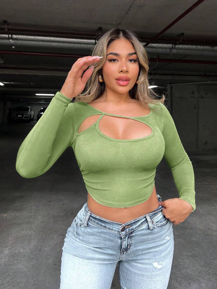 Zolique 女士春夏纯色长袖时尚短款修身毛边镂空T恤