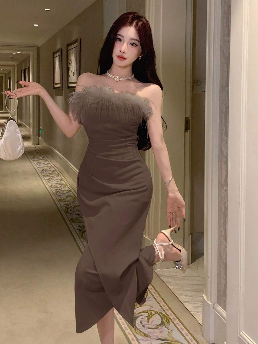 DAZY 纯色蓬松饰边优雅无袖紧身鱼尾裙,生日、新年舞会礼服派对女士返校节礼服 - 棕色 - 查看 1