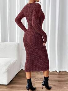Chiquease Damen Einfarbiges Pulloverkleid mit V-Ausschnitt und Knöpfen vorne, Langarm - Kaffeebraun - Übersicht 2