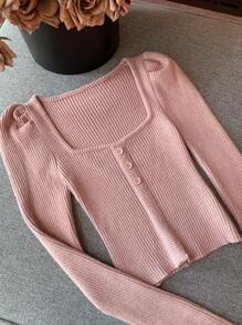DAZY Women's Square Collar Solid Color Puff Sleeve Sweater Fall - Pink - View 1