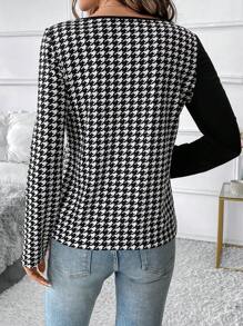 SHEIN Clasi Áo thun nữ cổ tròn tay dài họa tiết Houndstooth chắp vá mùa xuân/hè trang trí nút thường ngày đông thu quần áo nữ lễ tạ ơn halloween quần áo đi làm về quê cho nữ áo phông đêm hẹn hò - Đen và trắng - Xem 2