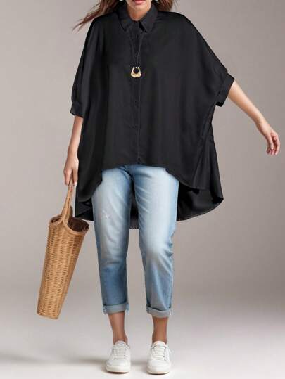 Damen Einfarbige Fledermausärmel Bluse mit hohem und niedrigem Saum, lässig und locker, Sommer Schwarz Frühling