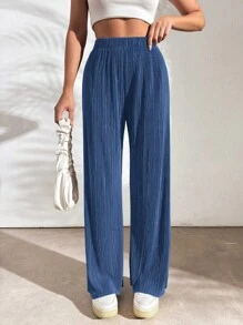 EURMUSE Women's Elastic Waist Solid Color Straight Loose Casual Woven Ribbed Long Pants - Royal Blue - View 4