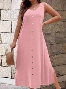 SHEIN LUNE Vestido casual de verano para mujer de talla grande, unicolor, con decoración de botones y cuello en V sin mangas - Rosa - Ver 4