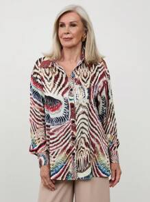 SHEIN LUNE Women's Turndown Collar Button Front Long Sleeve Allover Print Casual Blouse - Multicolor - View 5