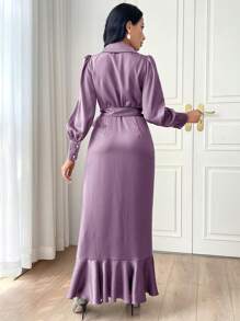 Modelyn Women's Solid Color Elegant Ruffled Hem Long Sleeve Dress Long Evening Dresses