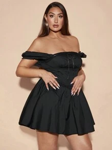 SHEIN BAE Modern Corsets For Plus Size Women Penelope Preto Summer Sweet Date One-Shoulder Puff Mini Dress - Black - View 6