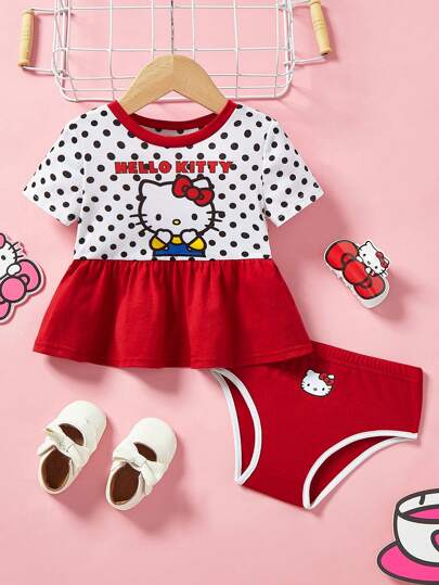 HELLO KITTY AND FRIENDS | SHEIN 2 件装女婴波尔卡圆点卡通拼色荷叶边下摆 T 恤和三角裤套装