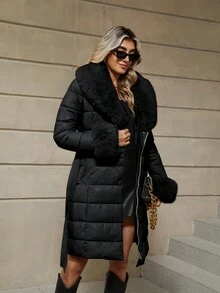 Risissida Women's Minimalist Multi-Functional Outdoor Commuter Jacket With Fur Collar, Elegant And Fashionable, With Belt - Black - View 6