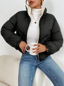 SHEIN Frenchy 女士拉链长袖时尚冬季防寒夹克 - 黑色 - 查看 5