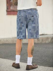 Manfinity Homme Men's Vintage Casual Light Blue Plaid Denim Shorts