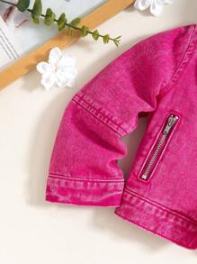 SHEIN Young Girls' Motorcycle Style Outerwear Denim Jacket - Hot Pink - View 4