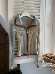 DAZY Áo len cardigan dệt kim chắp vá màu tương phản dành cho nữ, khối màu, quần áo mùa thu - Màu xanh Bạc hà - Xem 10