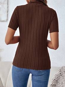 SHEIN Clasi Women's Solid Color Ribbed Crew Neck Short Sleeve T-Shirt - Coffee Brown - View 2
