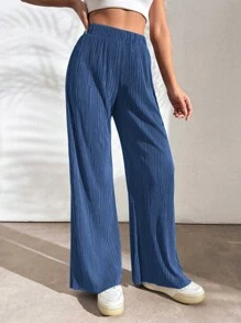 EURMUSE Women's Elastic Waist Solid Color Straight Loose Casual Woven Ribbed Long Pants - Royal Blue - View 3