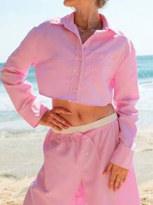 Forever 21 Damskie koszule na co dzień i na jesień i zimę, podstawowe, oversize i wyjściowe, z długim rękawem i jasnoróżowe w prążki - Różowy - Zobacz 3