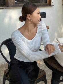 DAZY Women's Solid Color Textured Long Sleeve Fitted Crew Neck T-Shirt,Fall Women Clothes - White - View 1